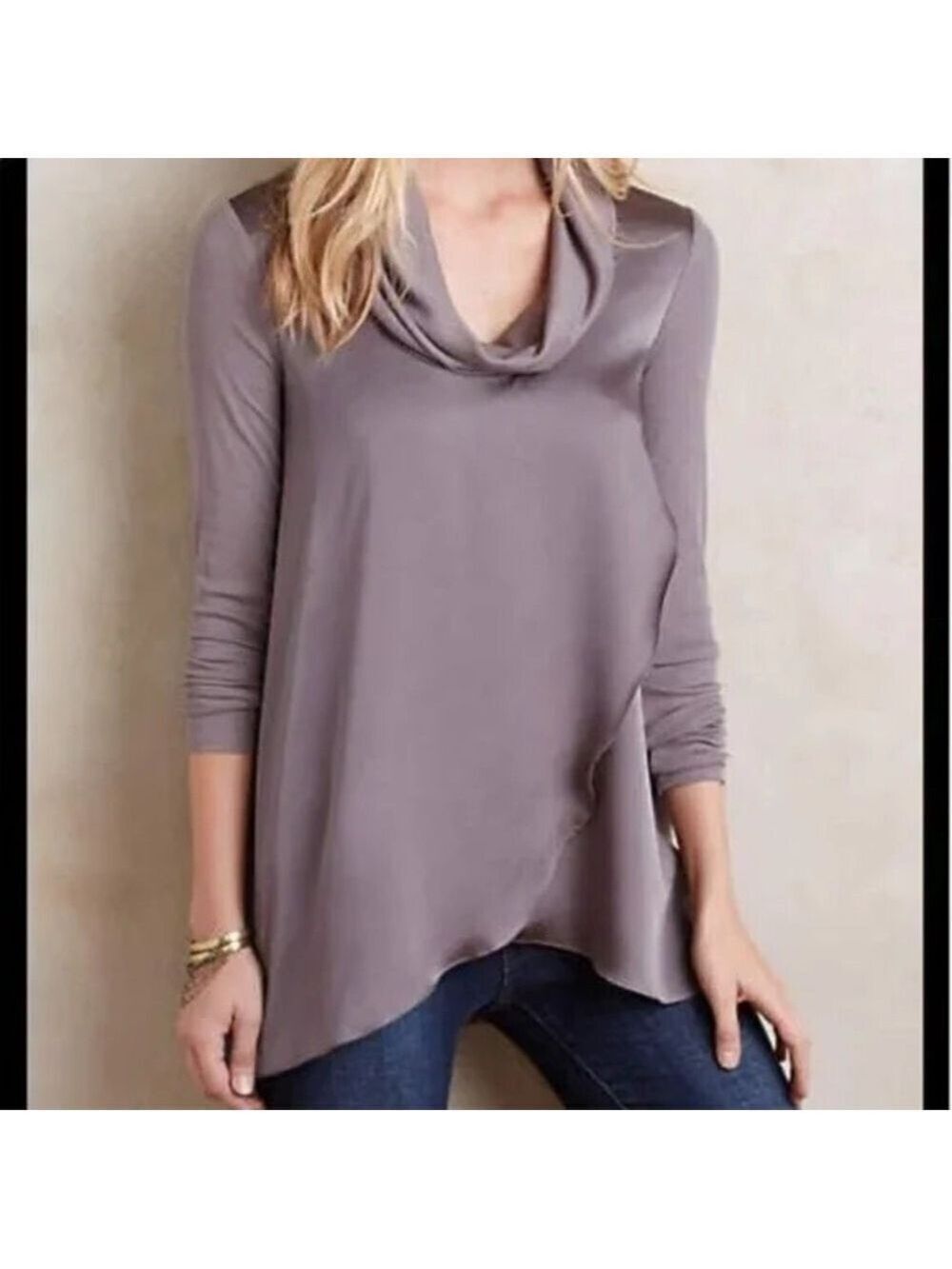 Anthropologie Deletta Cowl Neck Drape Front Long Sleeve Tunic Medium